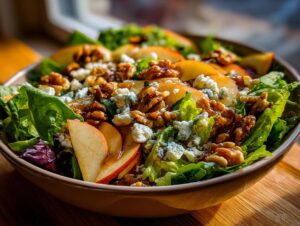 A vibrant Honeycrisp apple feta salad with crisp lettuce, crumbled feta cheese, crunchy walnuts, and sliced apples, drizzled with dressing.