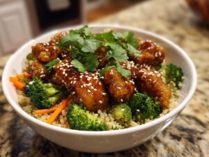A delicious Hot Honey Chicken Bowl featuring crispy chicken pieces, quinoa, broccoli, and carrots, garnished with sesame seeds and cilantro.