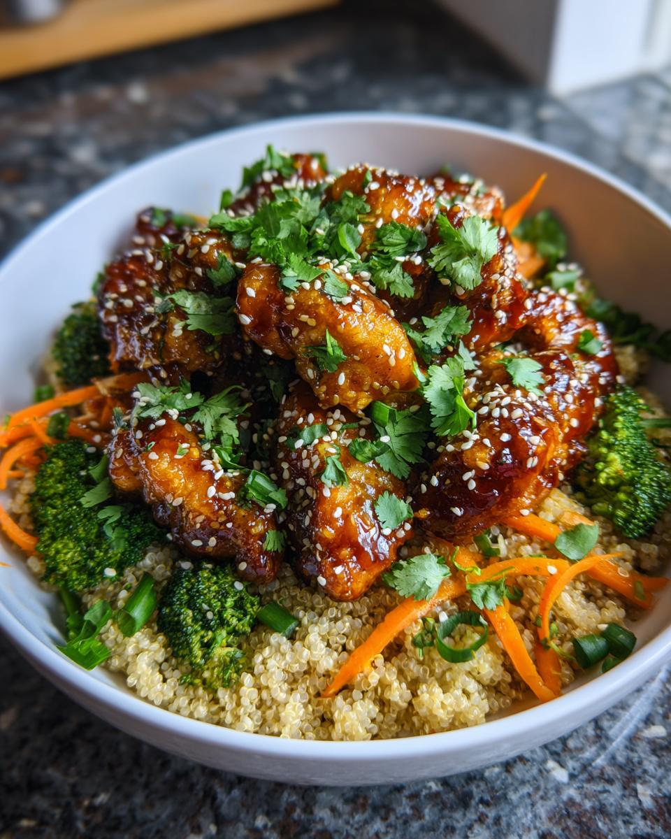 A close-up of a Hot Honey Chicken Bowl featuring glazed chicken pieces, quinoa, broccoli, shredded carrots, and sesame seeds.
