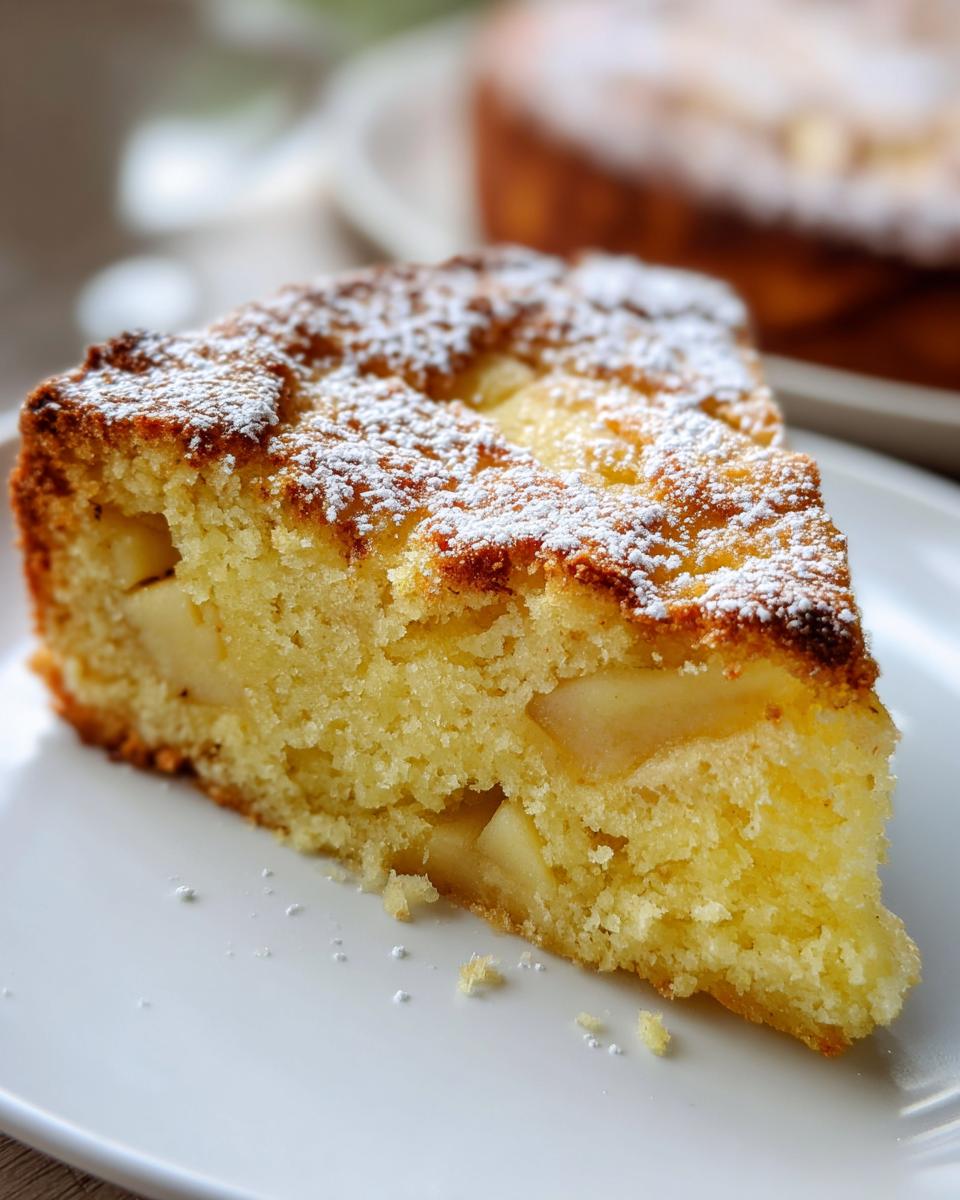 Close-up of a moist slice of Italian apple cake, studded with apple pieces and dusted with powdered sugar.