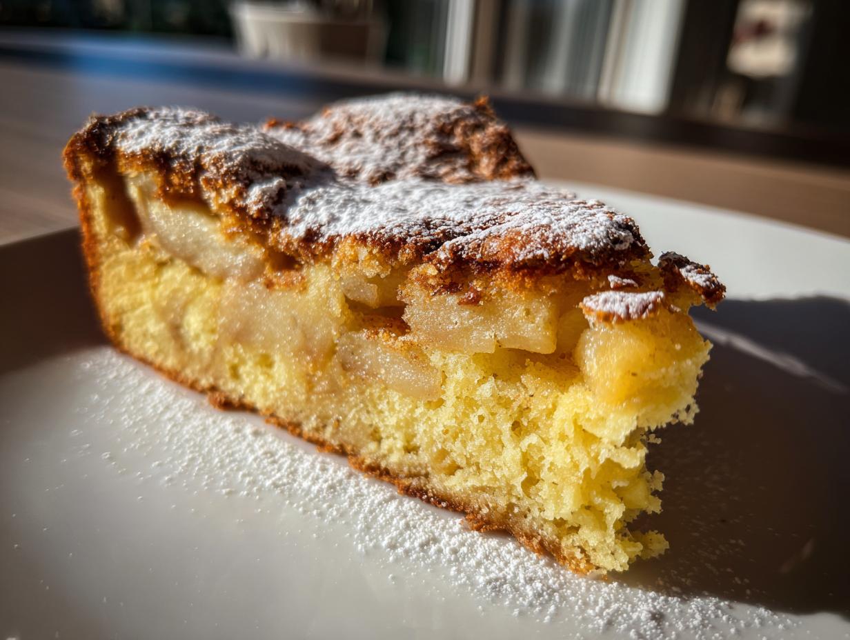 A close-up of a moist slice of Italian apple cake, featuring visible apple chunks and a dusting of powdered sugar.