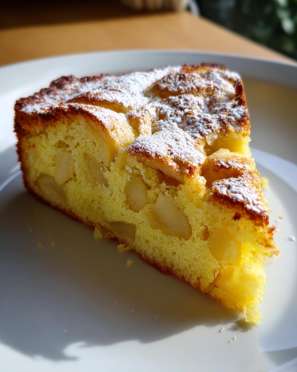 A close-up slice of moist Italian apple cake, studded with apple pieces and dusted with powdered sugar, on a white plate.