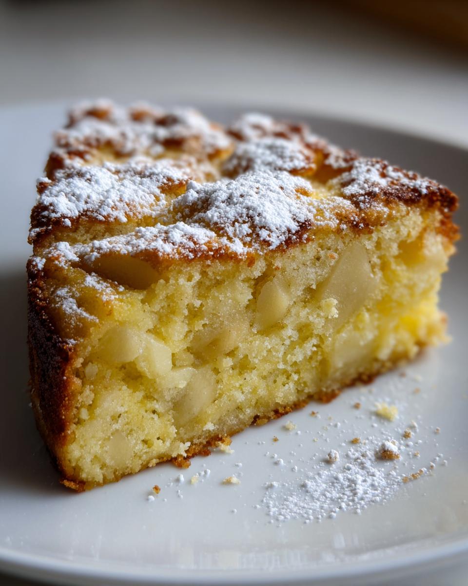 Close-up of a moist slice of Italian apple cake, studded with apple pieces and dusted with powdered sugar.