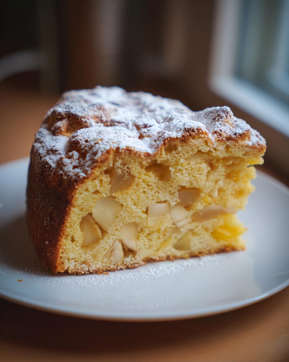 A close-up of a moist slice of Italian apple cake, studded with apple pieces and dusted with powdered sugar.