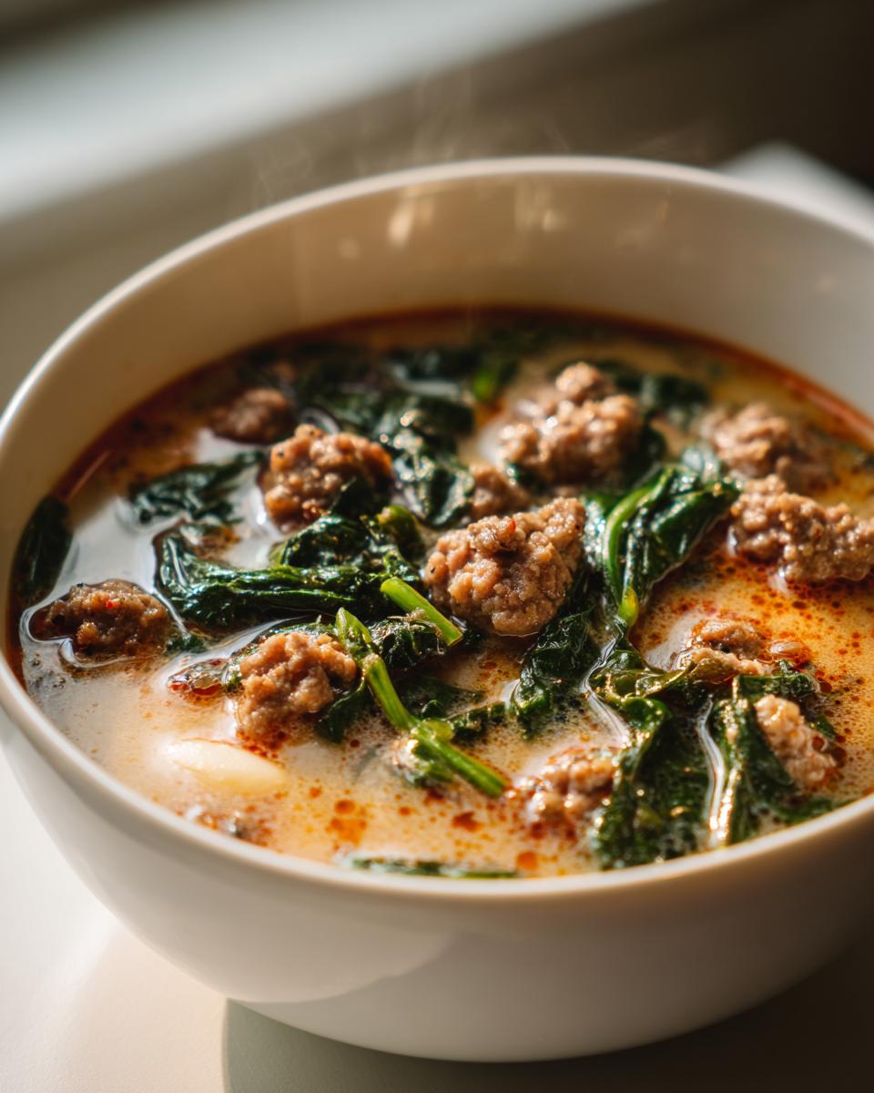 Close-up of a steaming white bowl filled with Italian sausage white bean soup, featuring sausage crumbles and dark green spinach.