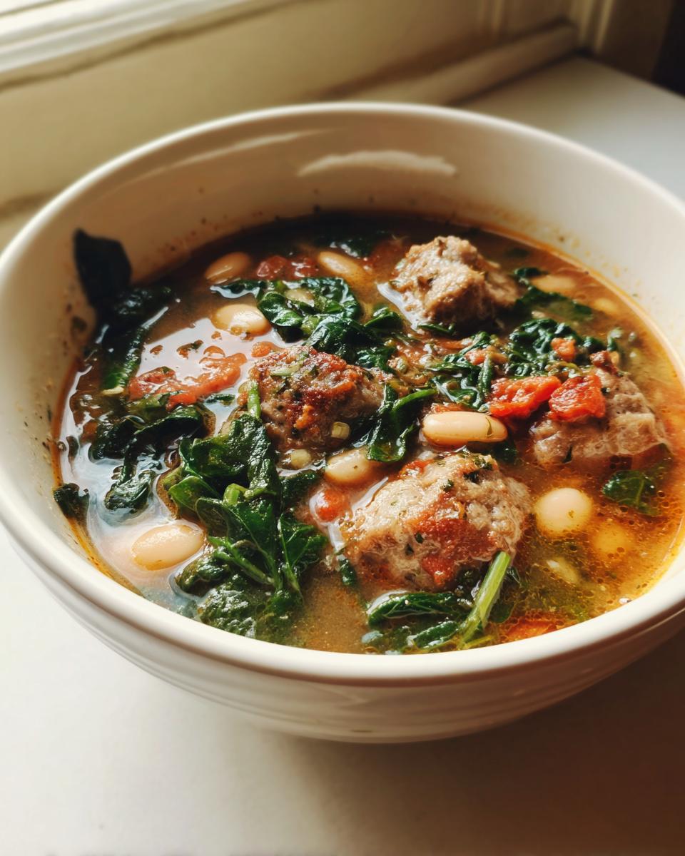 Close-up of a bowl of Italian sausage white bean soup featuring sausage meatballs, cannellini beans, and dark leafy greens.