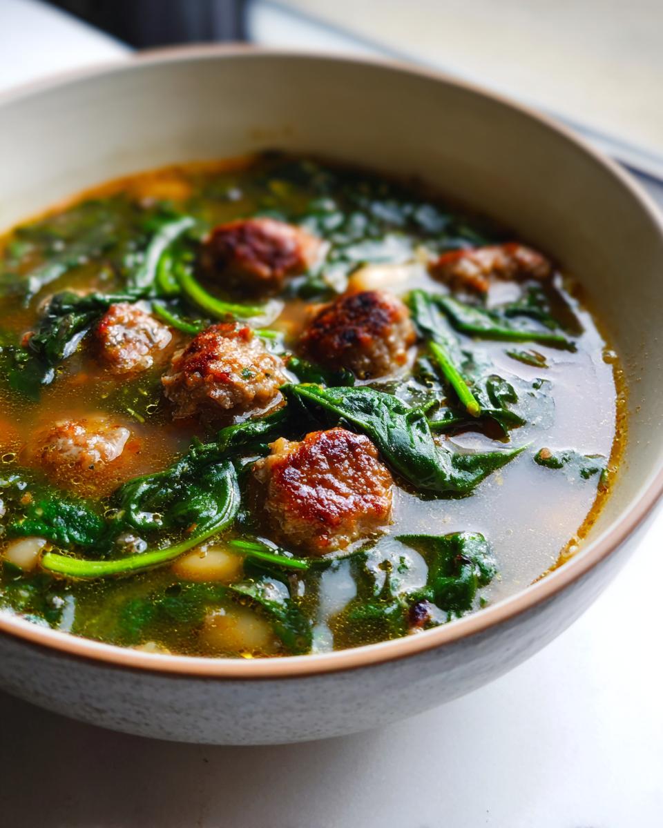 Close-up of a hearty bowl of Italian sausage white bean soup featuring browned sausage pieces and wilted spinach in broth.