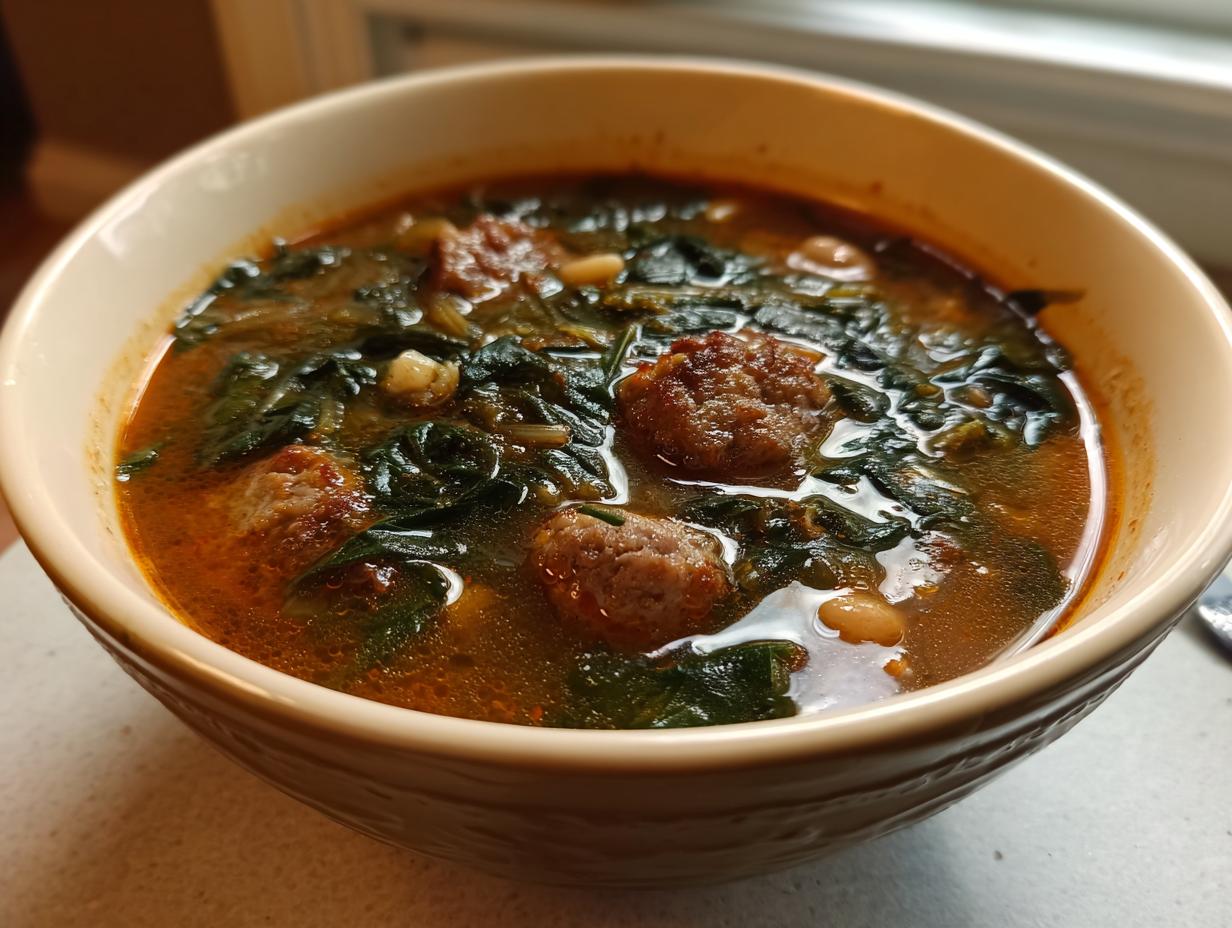 Close-up of a steaming bowl of Italian sausage white bean soup featuring meatballs, dark greens, and white beans in a savory broth.