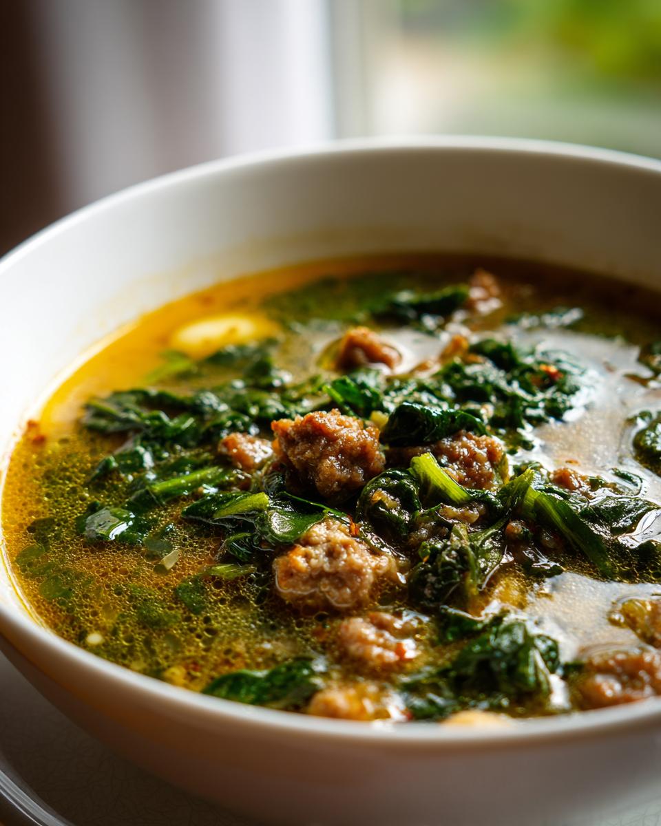 Close-up of a bowl of Italian sausage white bean soup featuring chunks of sausage and wilted greens in a rich broth.