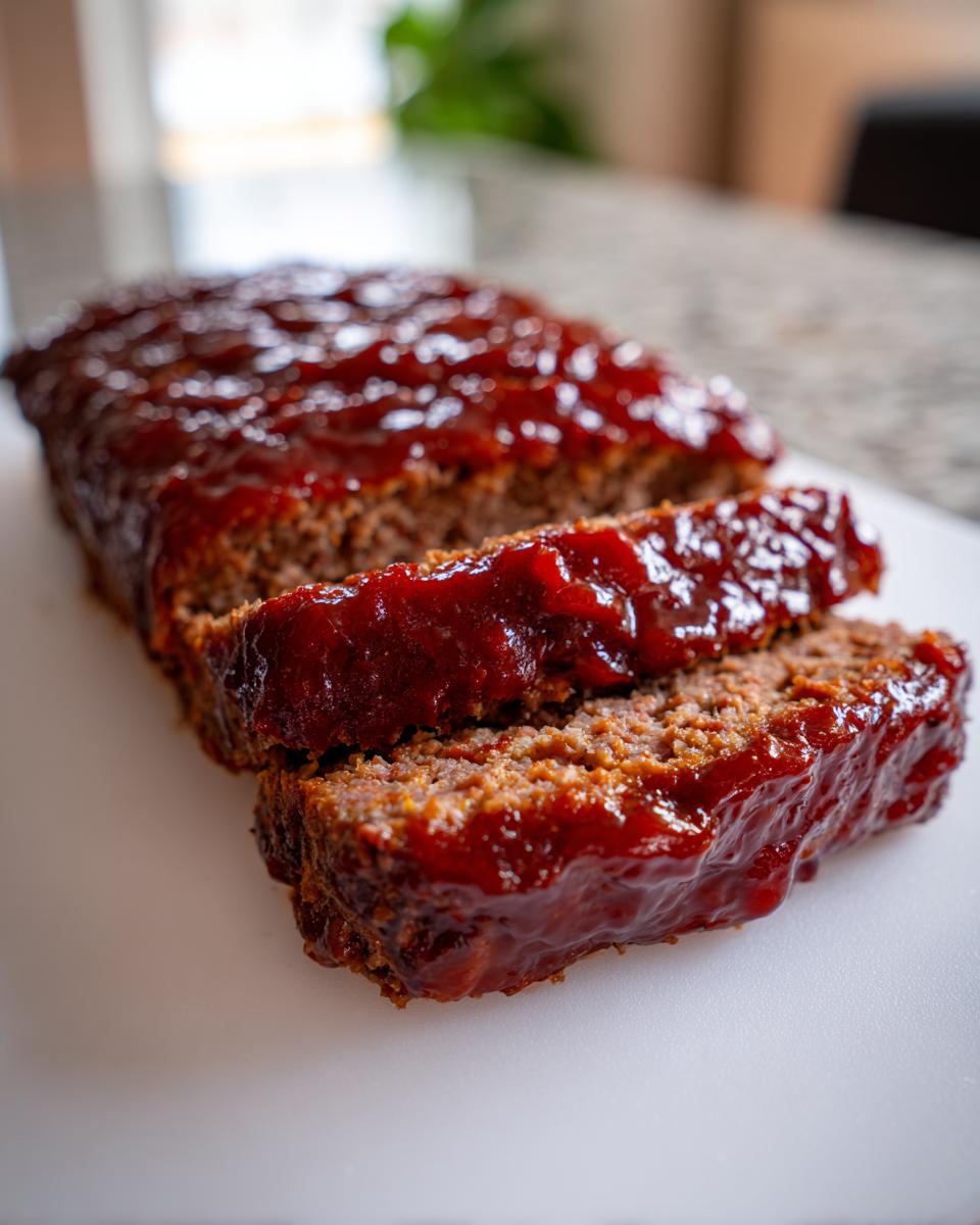 A close-up of a thick slice of moist Keto meatloaf topped with a rich, shiny red glaze.
