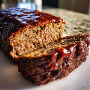 Close-up of a freshly baked Keto meatloaf loaf with one thick slice cut, covered in a rich, dark glaze.
