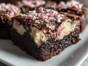 A close-up cross-section of a rich, fudgy peppermint brownies featuring a cheesecake swirl layer and topped with crushed candy canes.
