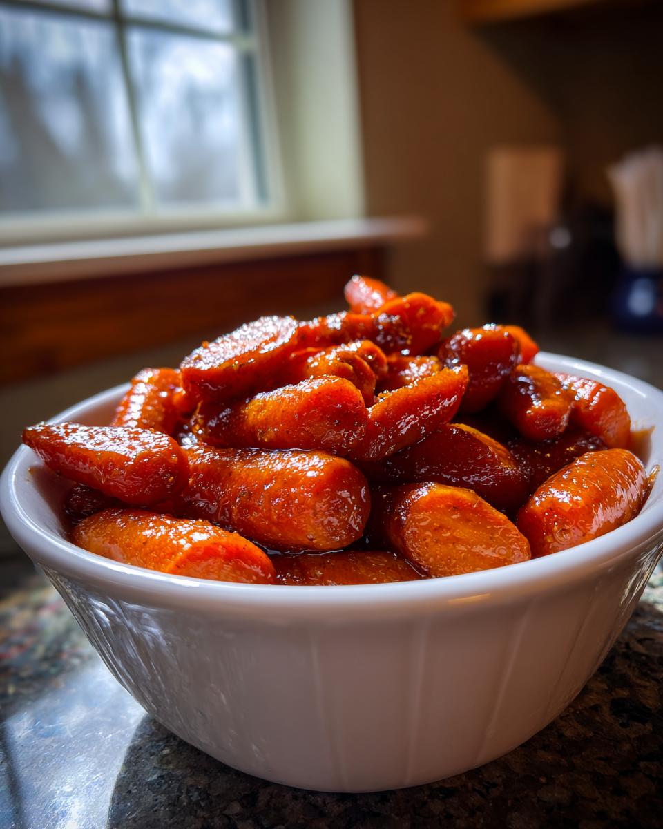A white bowl filled with shiny, glazed maple brown sugar glazed carrots sitting on a dark countertop.