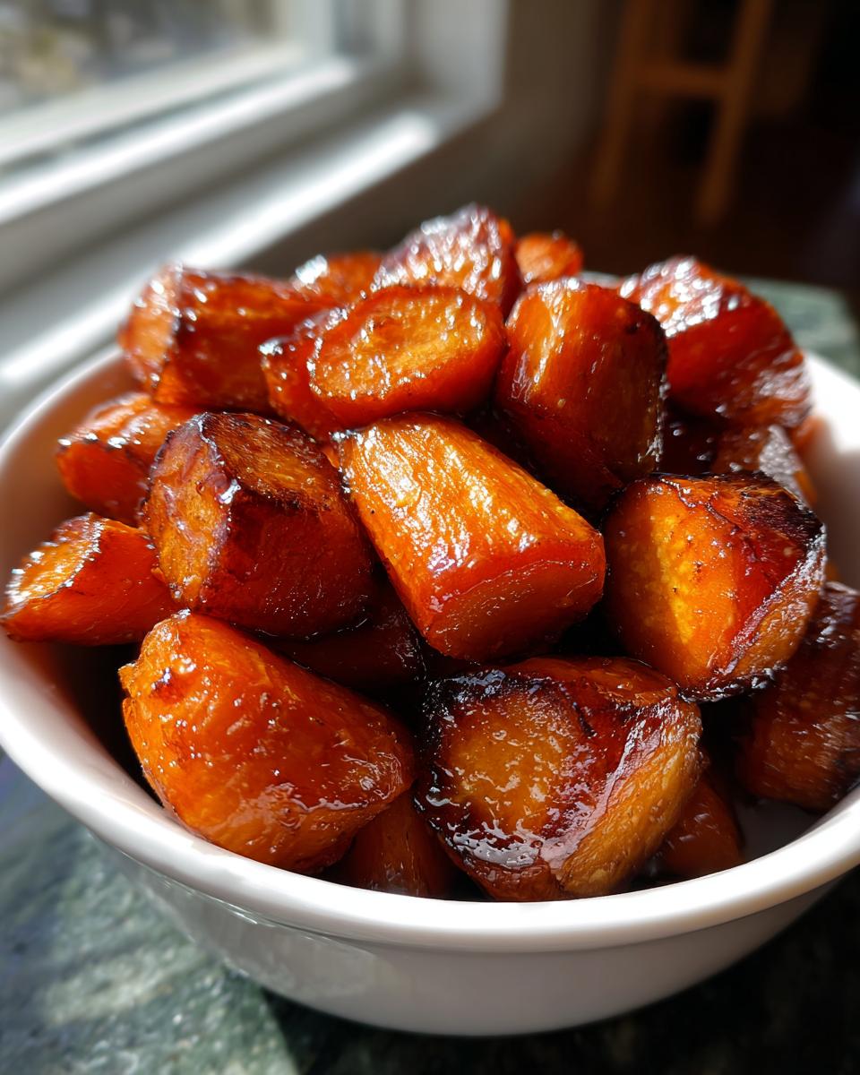 Close-up of shiny, caramelized maple brown sugar glazed carrots served in a white bowl.