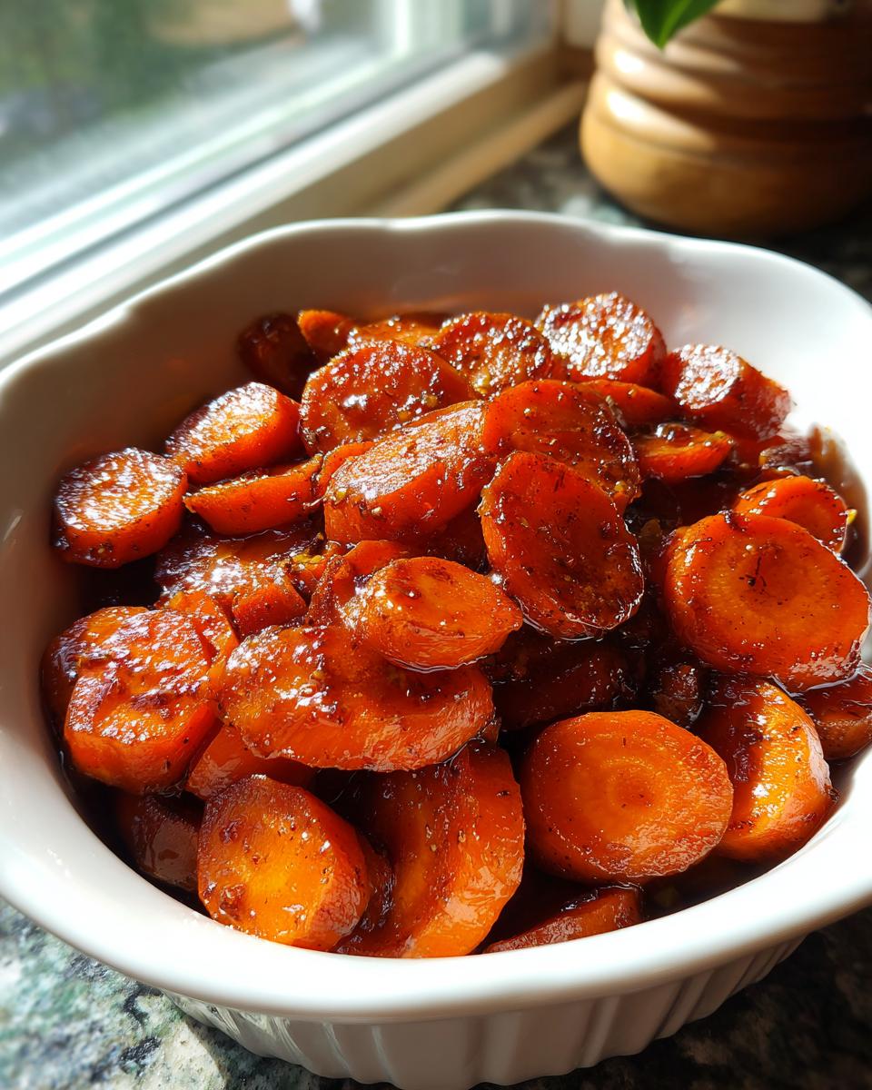Close-up of shiny maple brown sugar glazed carrots, sliced and coated in a rich glaze, served in a white bowl.