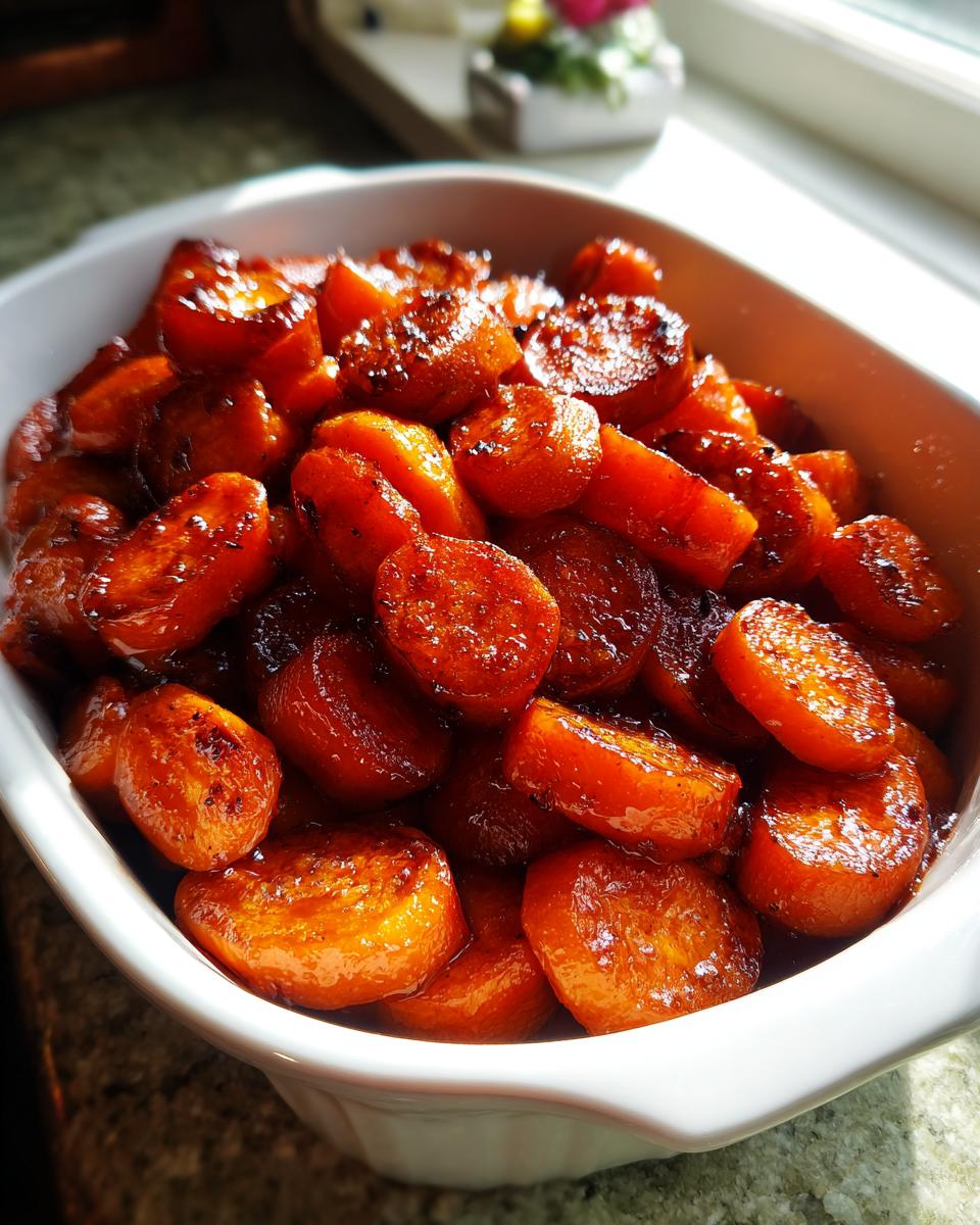 Close-up of thick-cut maple brown sugar glazed carrots glistening in a white serving dish near a window.