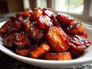 Close-up of shiny, caramelized maple brown sugar glazed carrots piled high in a white serving dish.