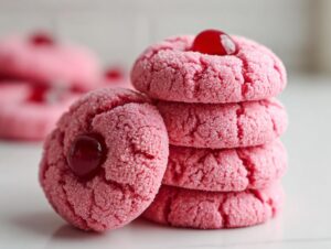 A stack of vibrant pink Maraschino cherry sugar cookies coated in sparkling sugar.