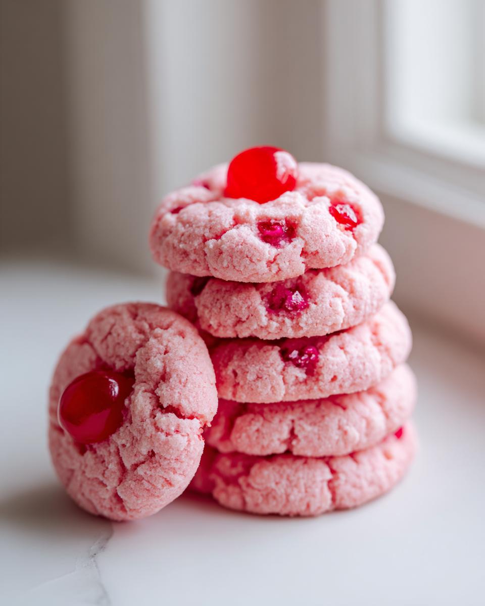 A stack of five pink Maraschino cherry sugar cookies, topped with a whole cherry.