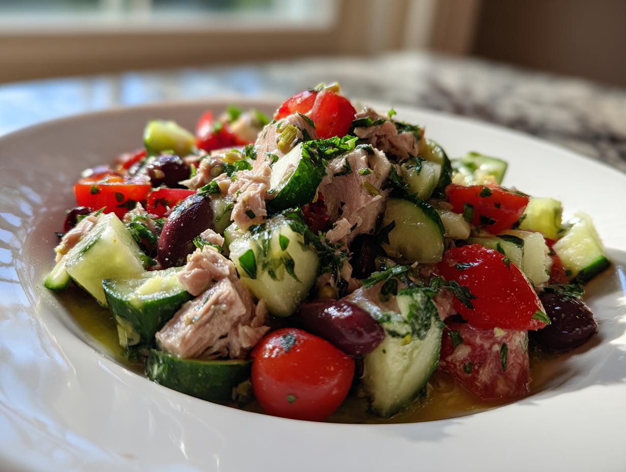 Close-up of a vibrant Mediterranean tuna salad featuring flaked tuna, cucumber chunks, cherry tomatoes, and Kalamata olives.