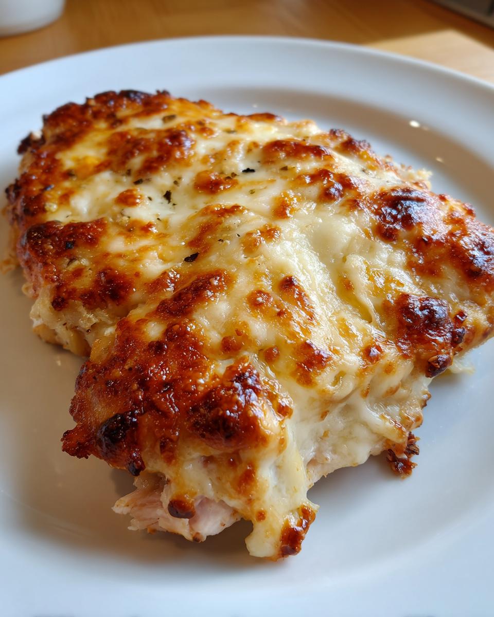 Close-up of a piece of melt in your mouth chicken topped with bubbly, browned, melted cheese.