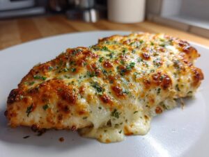 A close-up of a piece of melt in your mouth chicken covered in bubbly, browned cheese and sprinkled with parsley.