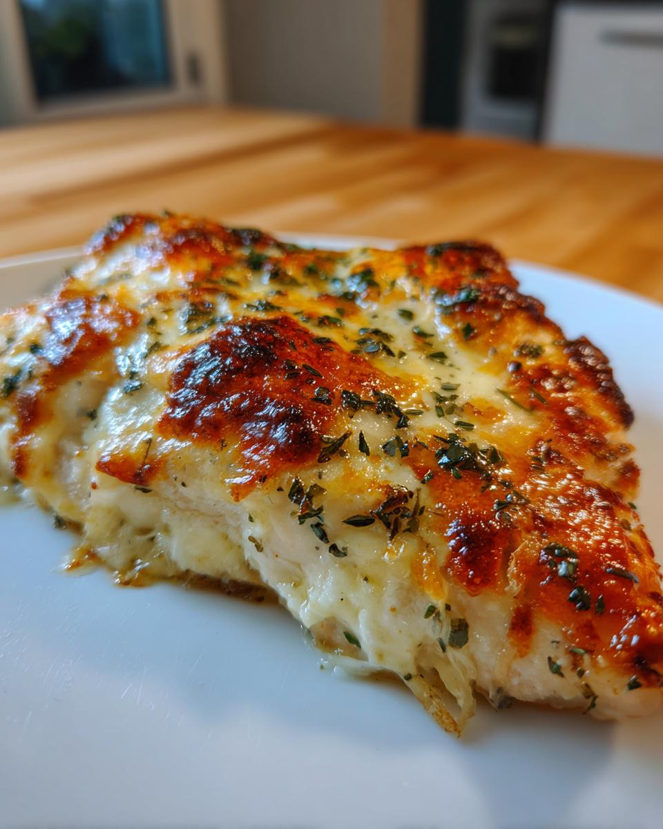 Close-up of a slice of melt in your mouth chicken covered in bubbly, browned cheese and herbs.