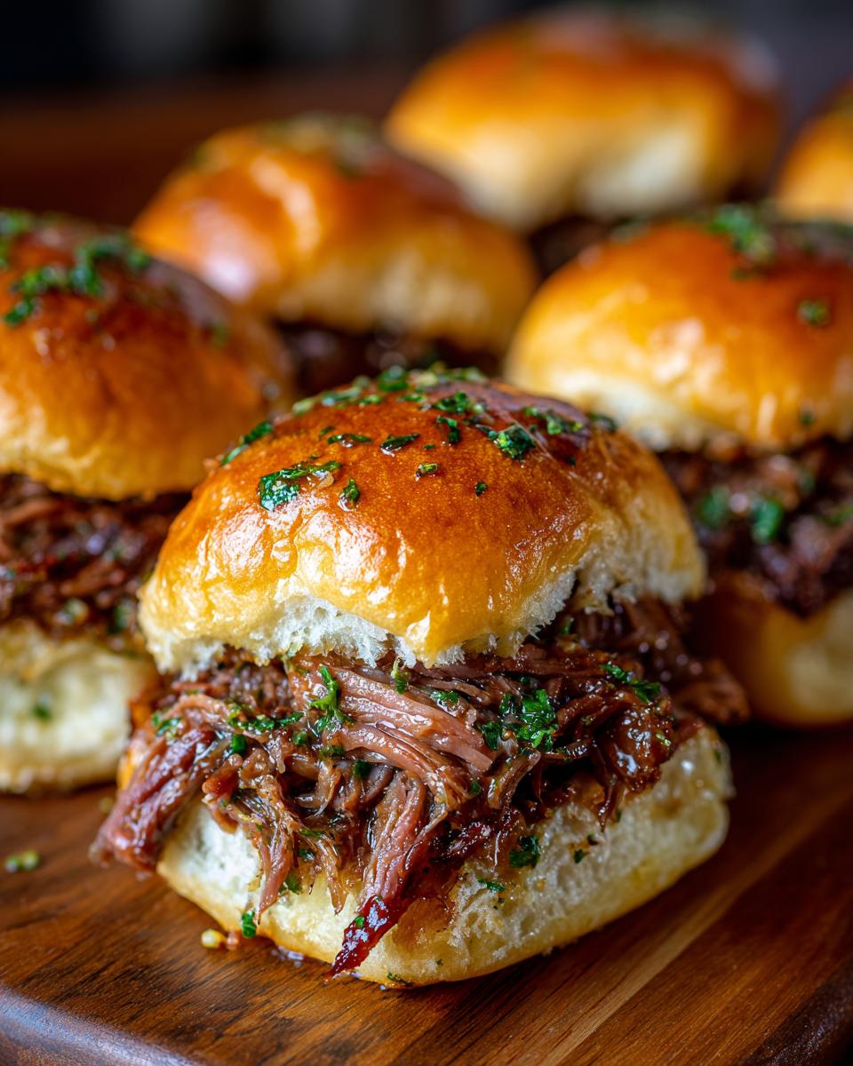 Close-up of a juicy Mississippi Pot Roast Slider on a wooden board, topped with fresh herbs.