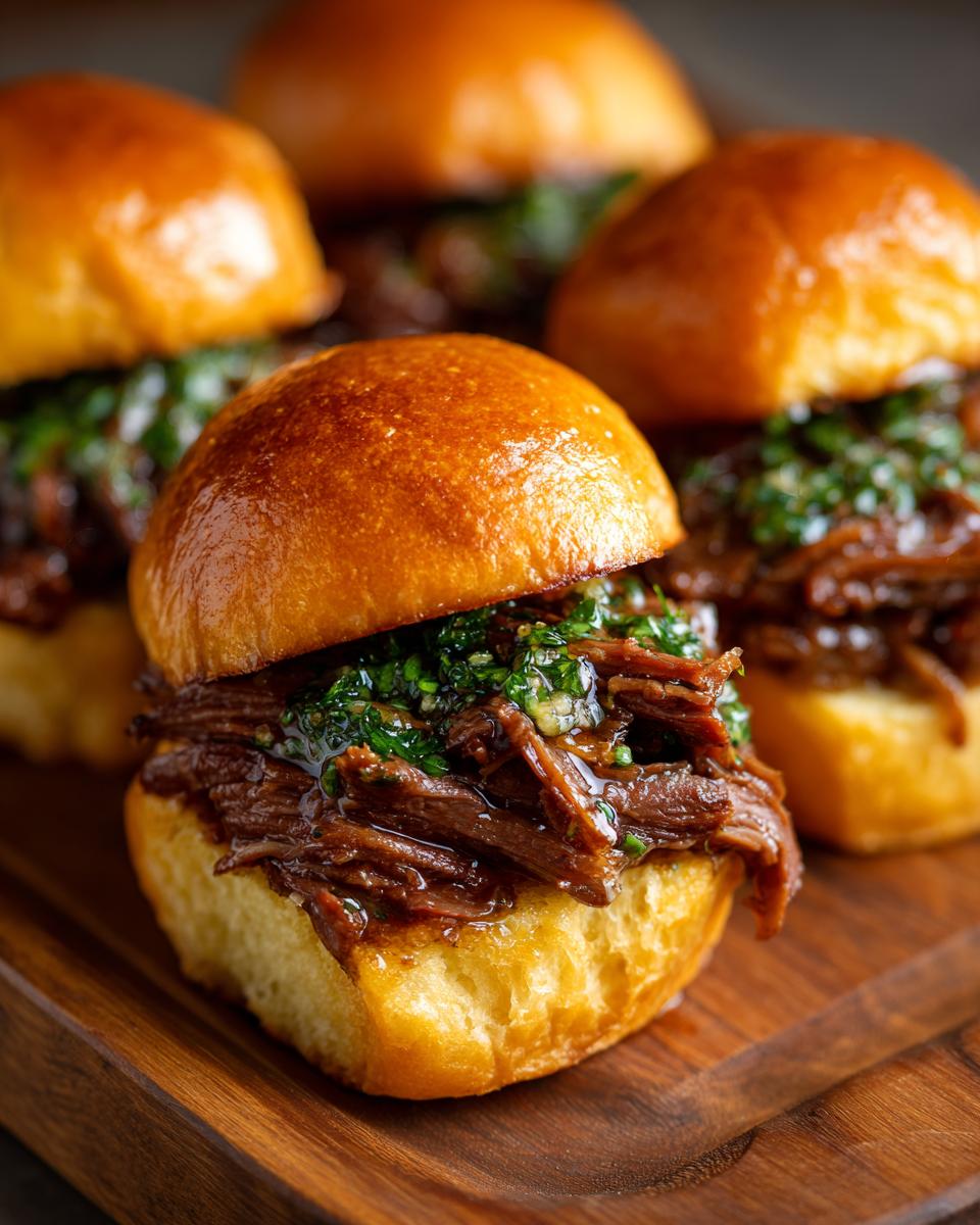 Close-up of juicy Mississippi Pot Roast Sliders on a wooden board, topped with fresh herbs.