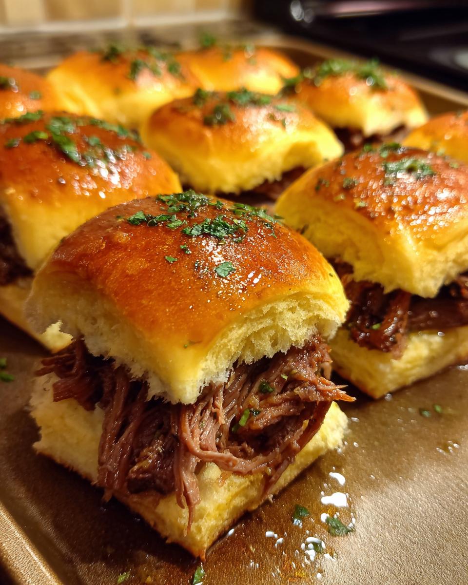 Close-up of several Mississippi Pot Roast Sliders on a baking sheet, topped with fresh parsley.
