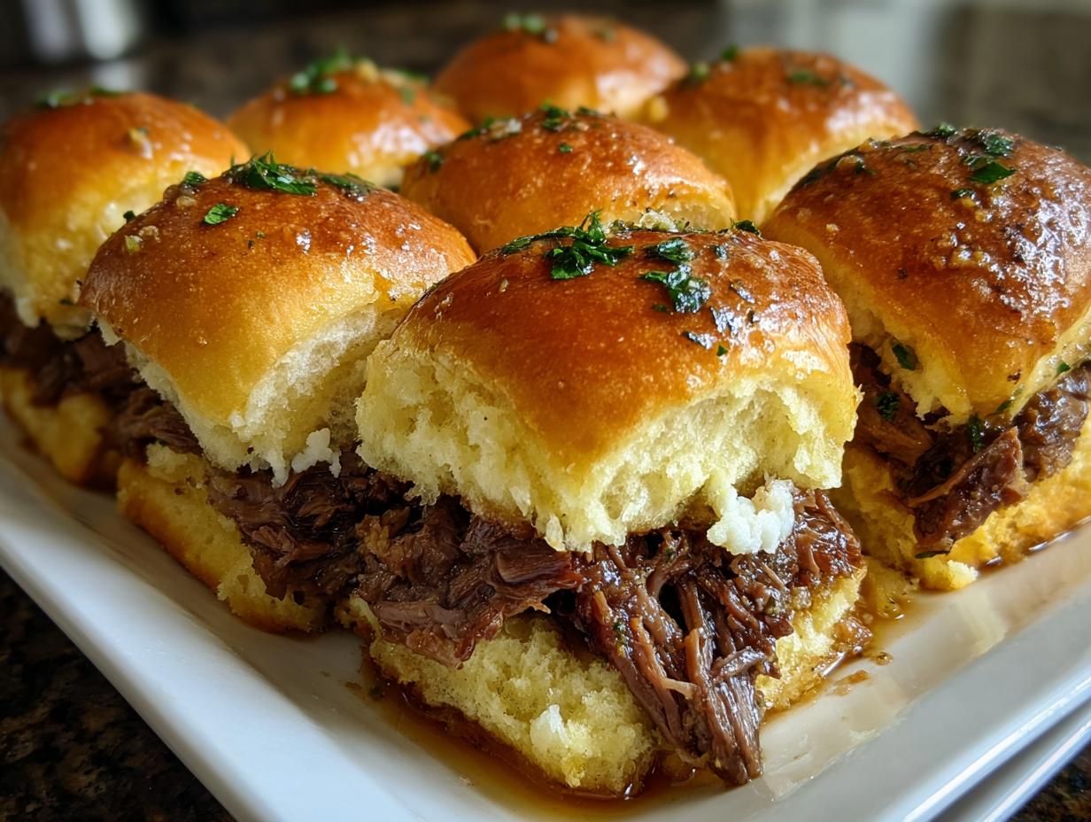 Close-up of several Mississippi Pot Roast Sliders on a white platter, filled with shredded pot roast and topped with herbs.