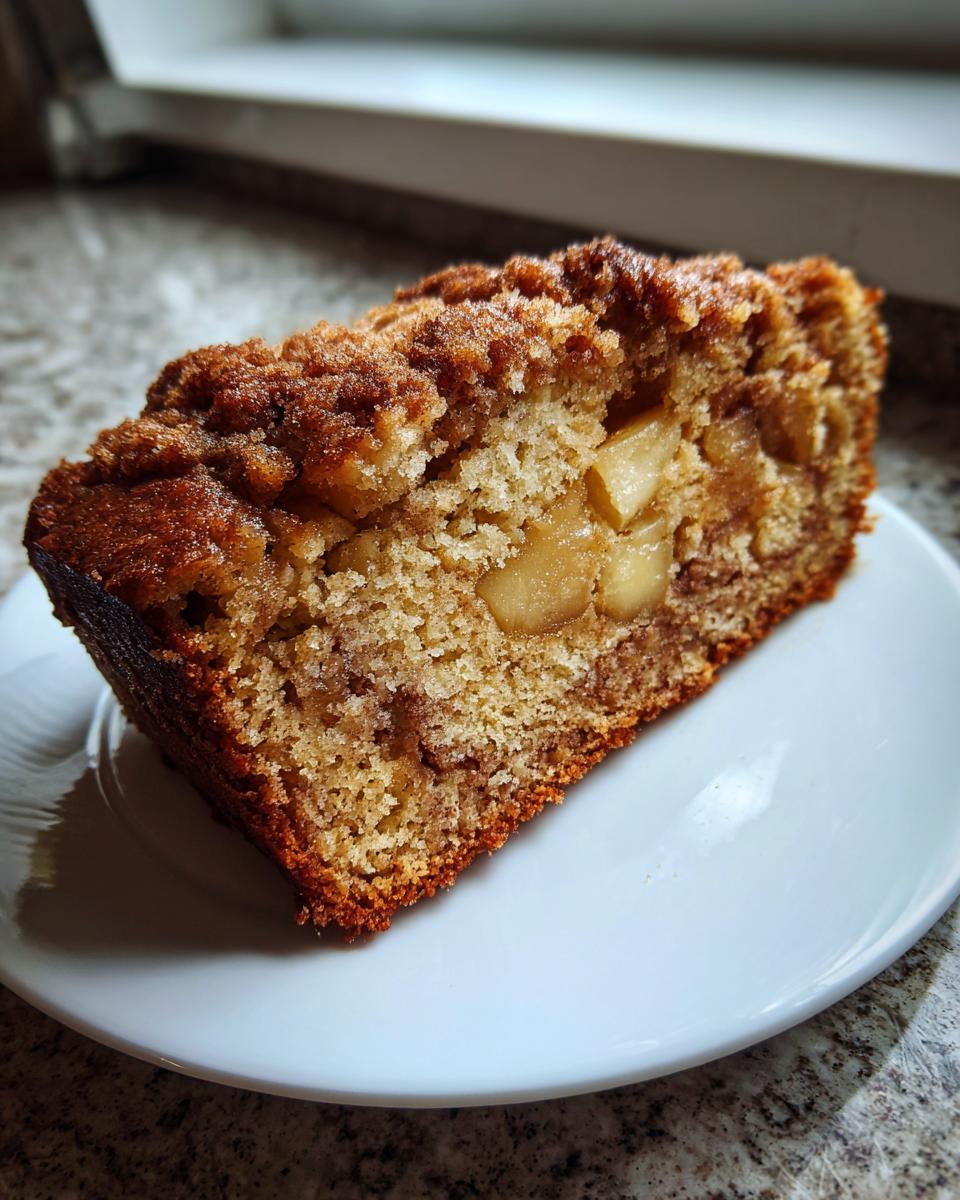 A close-up of a thick slice of moist apple cake featuring visible chunks of apple and a cinnamon crumb topping.