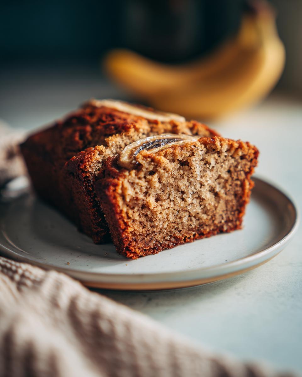 Close-up of a moist banana bread slice topped with banana, on a plate with a napkin.