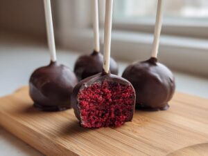 Close-up of moist red velvet cake pops dipped in dark chocolate, with one cut open showing the vibrant red interior.