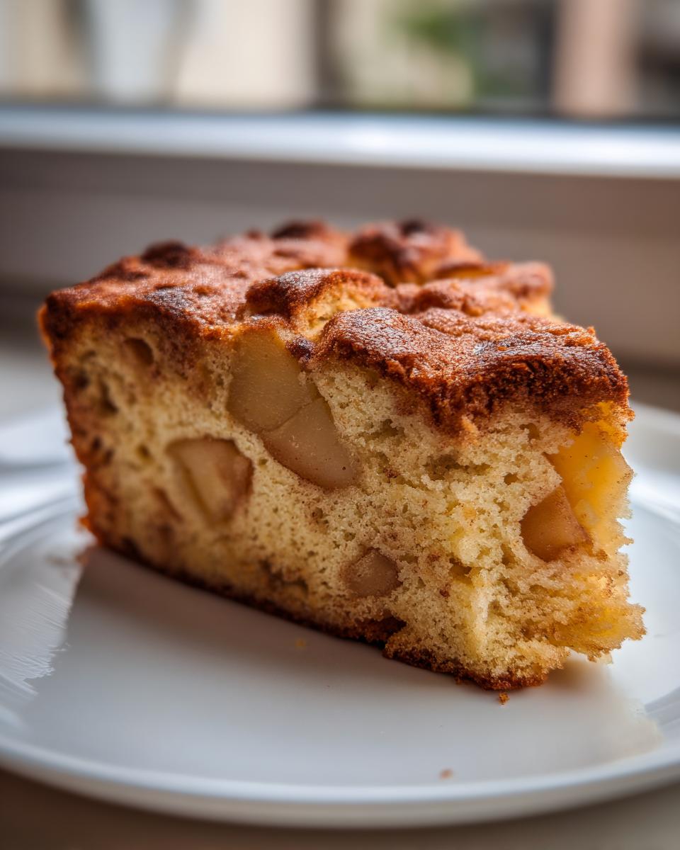 Close-up of a thick slice of homemade apple cake showing tender crumb and baked apple pieces.