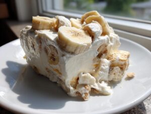 A generous slice of creamy no bake banana pudding topped with fresh banana slices, served on a white plate.