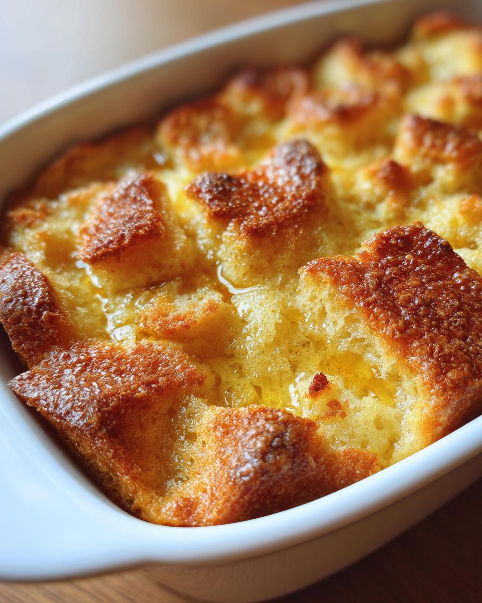 Close-up of a freshly baked old-fashioned bread pudding in a white baking dish, with golden-brown crust and visible syrup.