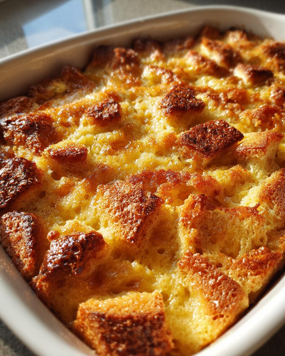 Close-up of a golden-brown old-fashioned bread pudding baked in a white dish, with crispy edges and a custardy center.