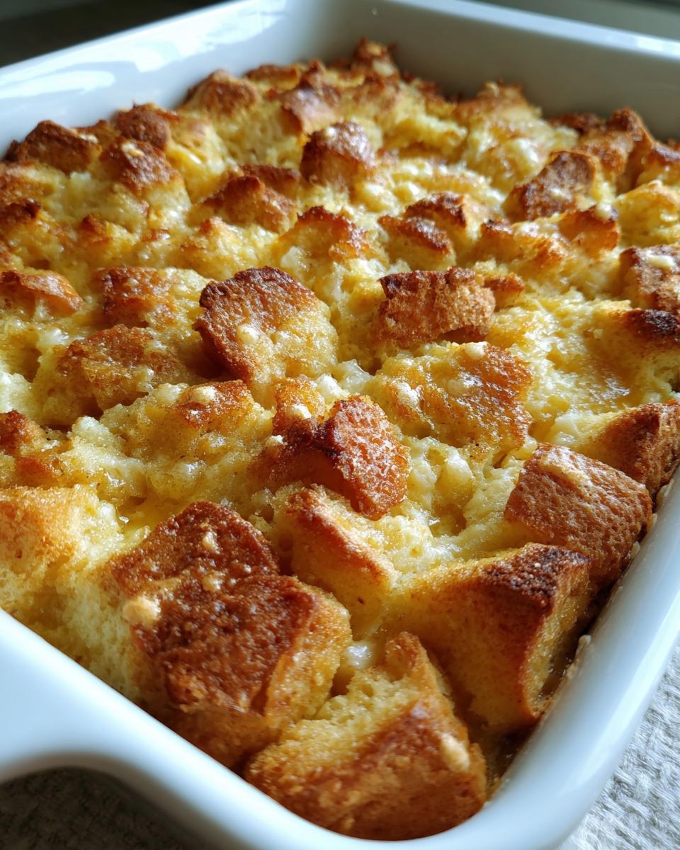 Close-up of a golden-brown old-fashioned bread pudding baked in a white ceramic dish.