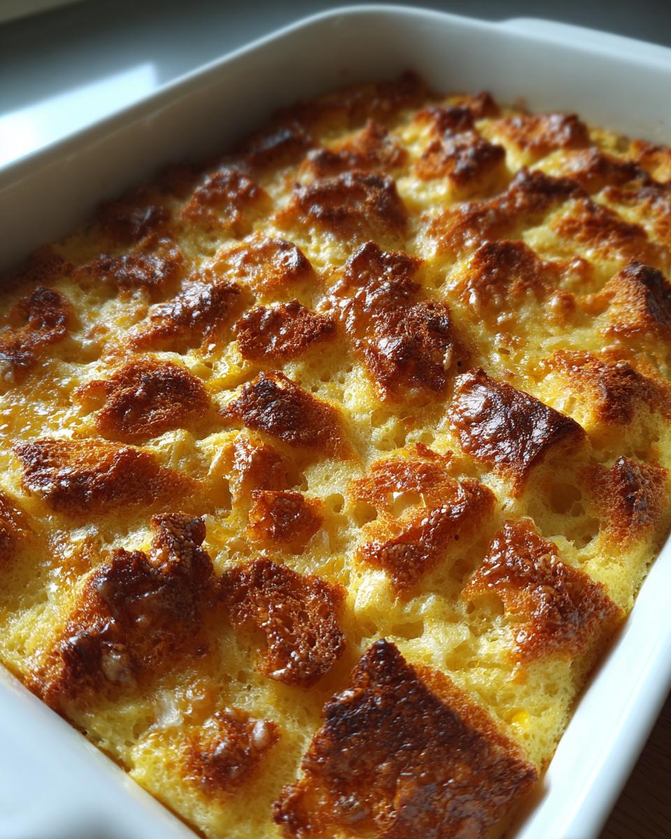 Close-up of a freshly baked old-fashioned bread pudding in a white baking dish, with golden-brown toasted bread cubes.