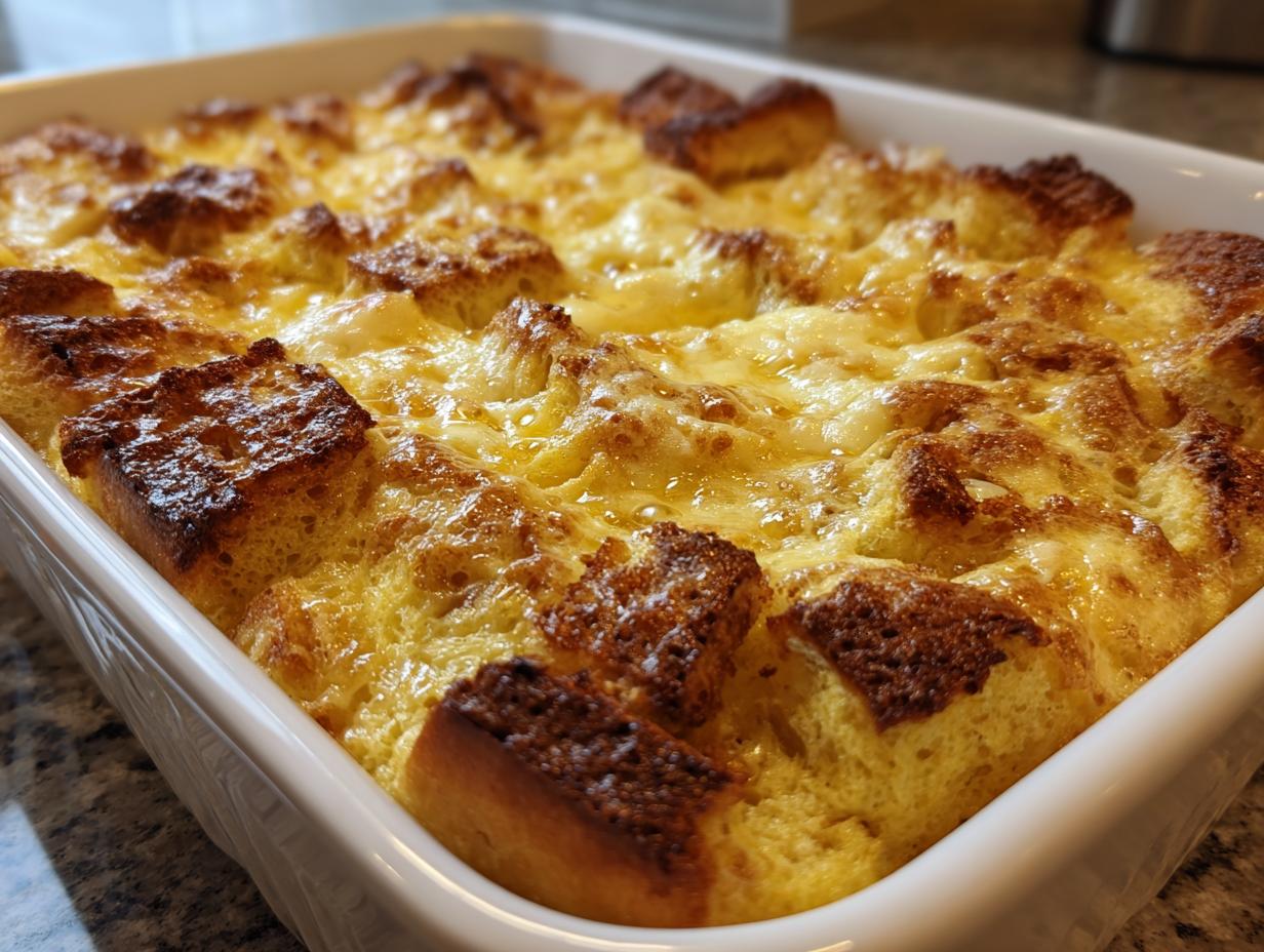 A close-up of a white baking dish filled with golden brown, old-fashioned bread pudding.