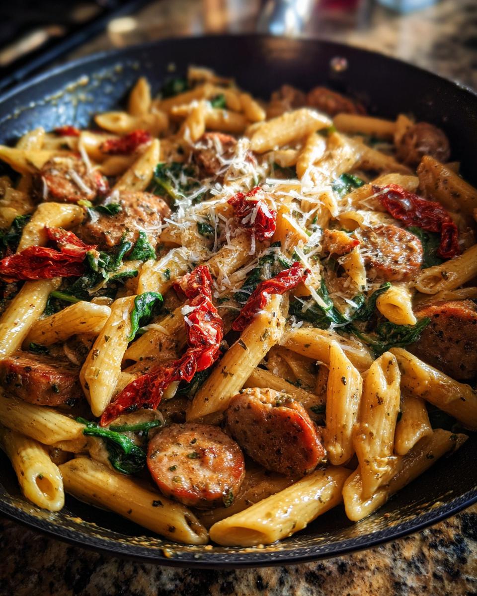 Close-up of creamy chicken sausage pasta with sun-dried tomatoes and spinach, topped with Parmesan cheese.