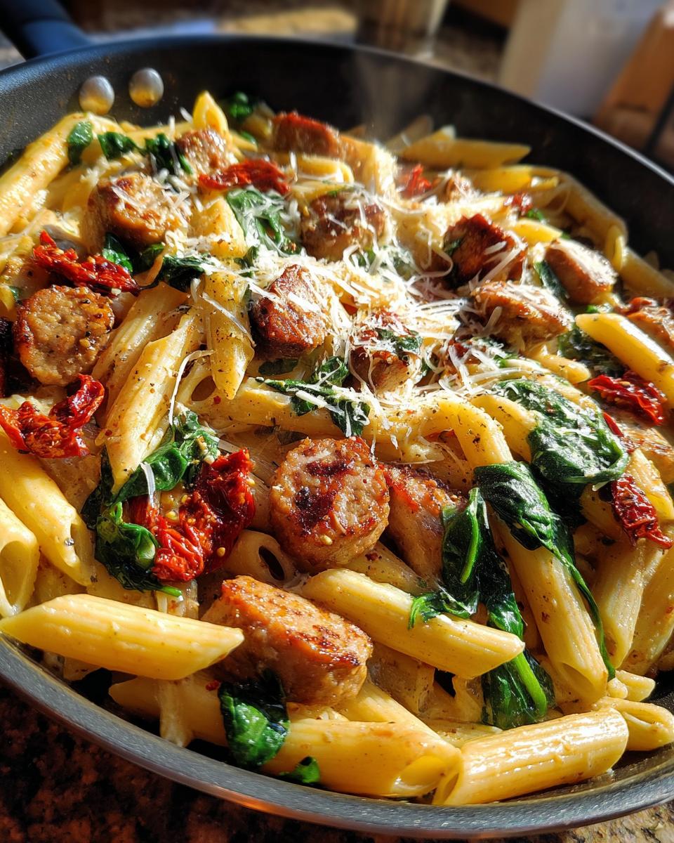 Close-up of creamy chicken sausage pasta with spinach and sun-dried tomatoes topped with Parmesan cheese.