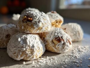 Close-up of a pile of Pecan Snowball Cookies, generously coated in powdered sugar and studded with pecans.