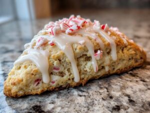 A close-up of a peppermint white chocolate scone, drizzled with white glaze and topped with crushed candy canes.
