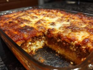 A close-up of a freshly baked Pizza-style cottage cheese bake in a glass baking dish, showing layers of cheese, meat sauce, and cottage cheese.