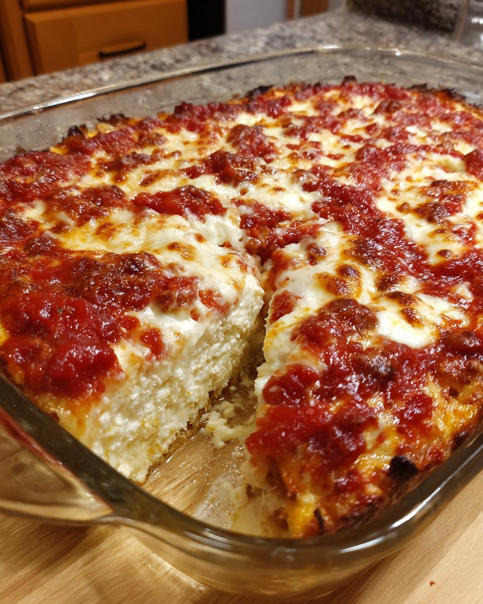 A close-up of a freshly baked Pizza-style cottage cheese bake in a glass dish, topped with bubbling cheese and marinara sauce.