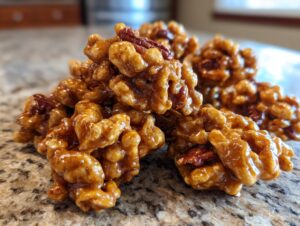 Close-up of a pile of homemade praline crunch clusters, featuring pecans coated in a glossy caramel glaze.