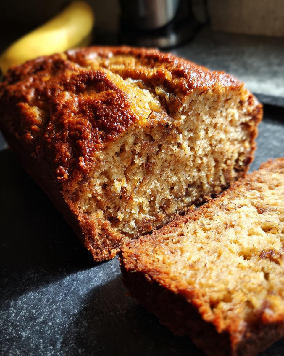 Close-up of a slice of moist Protein Banana Bread, showing its texture and banana chunks.