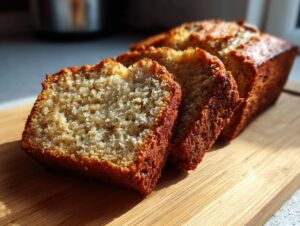 Close-up of sliced Protein Banana Bread on a wooden cutting board, showing its moist crumb.